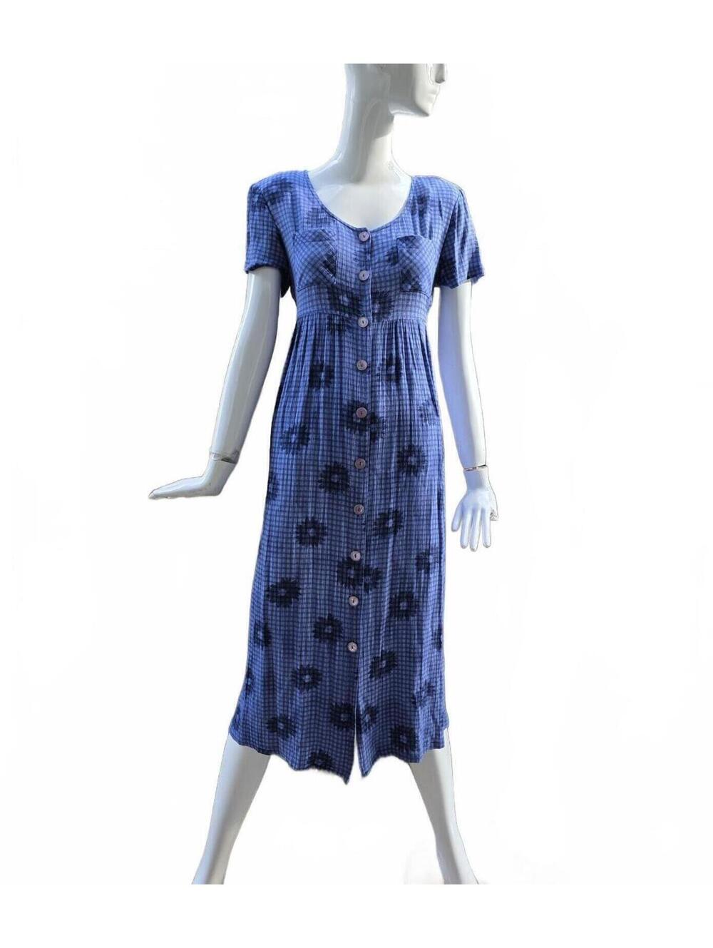 VTG All That Jazz Blue Gingham Floral Rayon Midi Dress l Shoulder Pads Ties  sm
